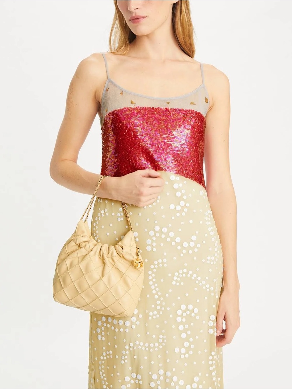 Tory Burch Fleming Mini Hobo Quilted Drawstring Leather Bag Vanilla Gold Chain - Picture 4 of 15